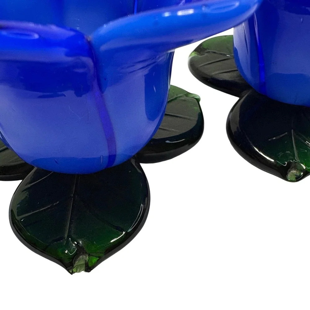 Cobalt Blue Glass Flower Candle Holders Green Leaf Base Set of 2 Vintage